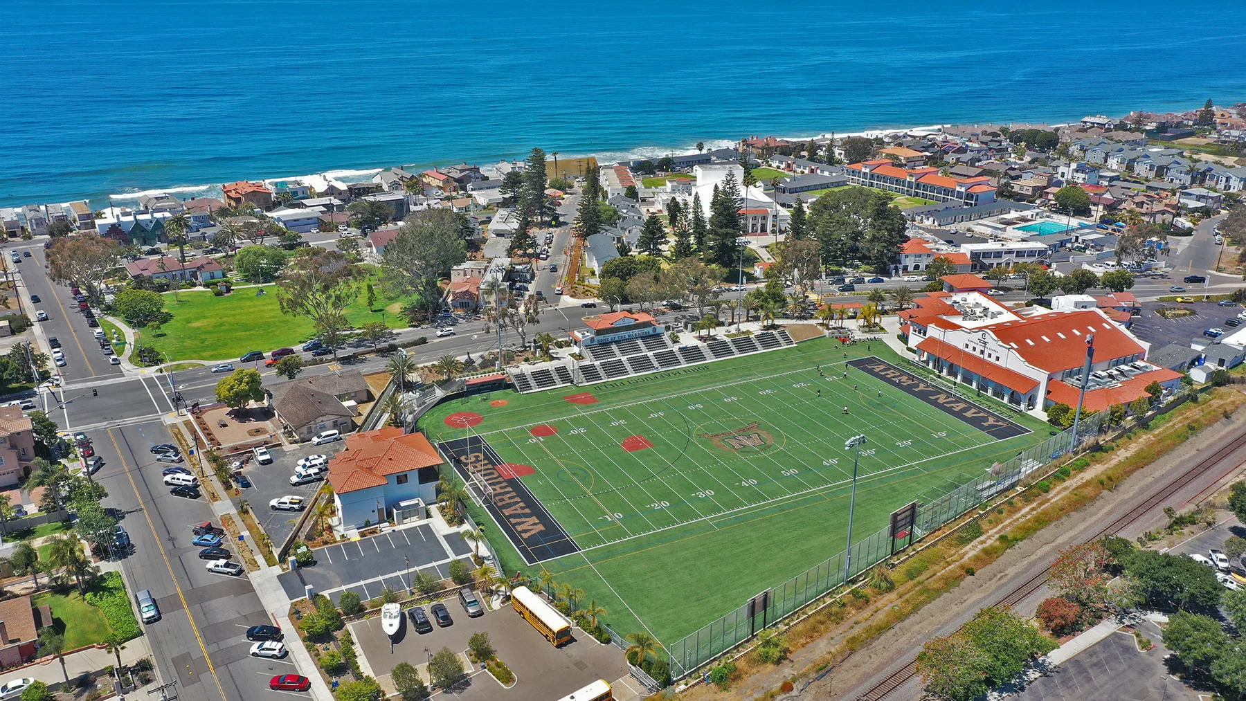 Aerial view of Army and Navy Academy's beachfront campus in Carlsbad, California