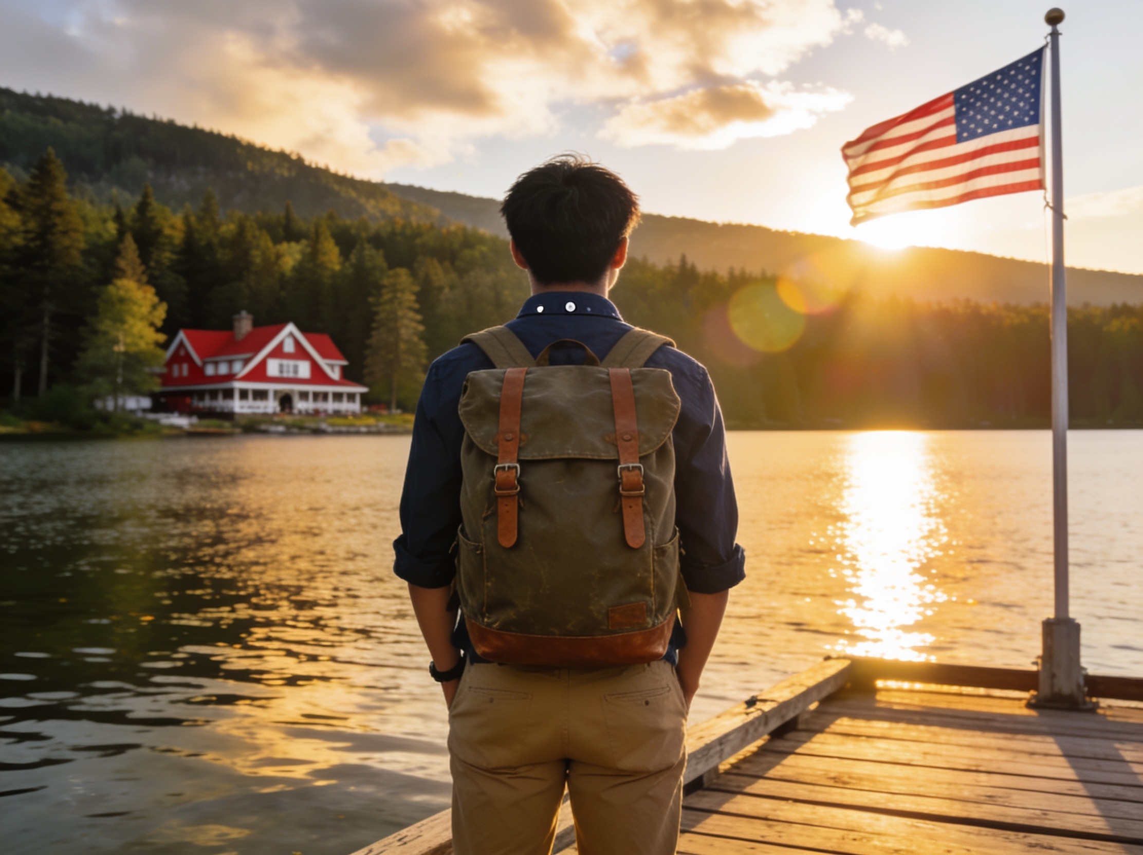 Young exchange participant at an American summer-camp lakeside with a U.S. flag at sunset