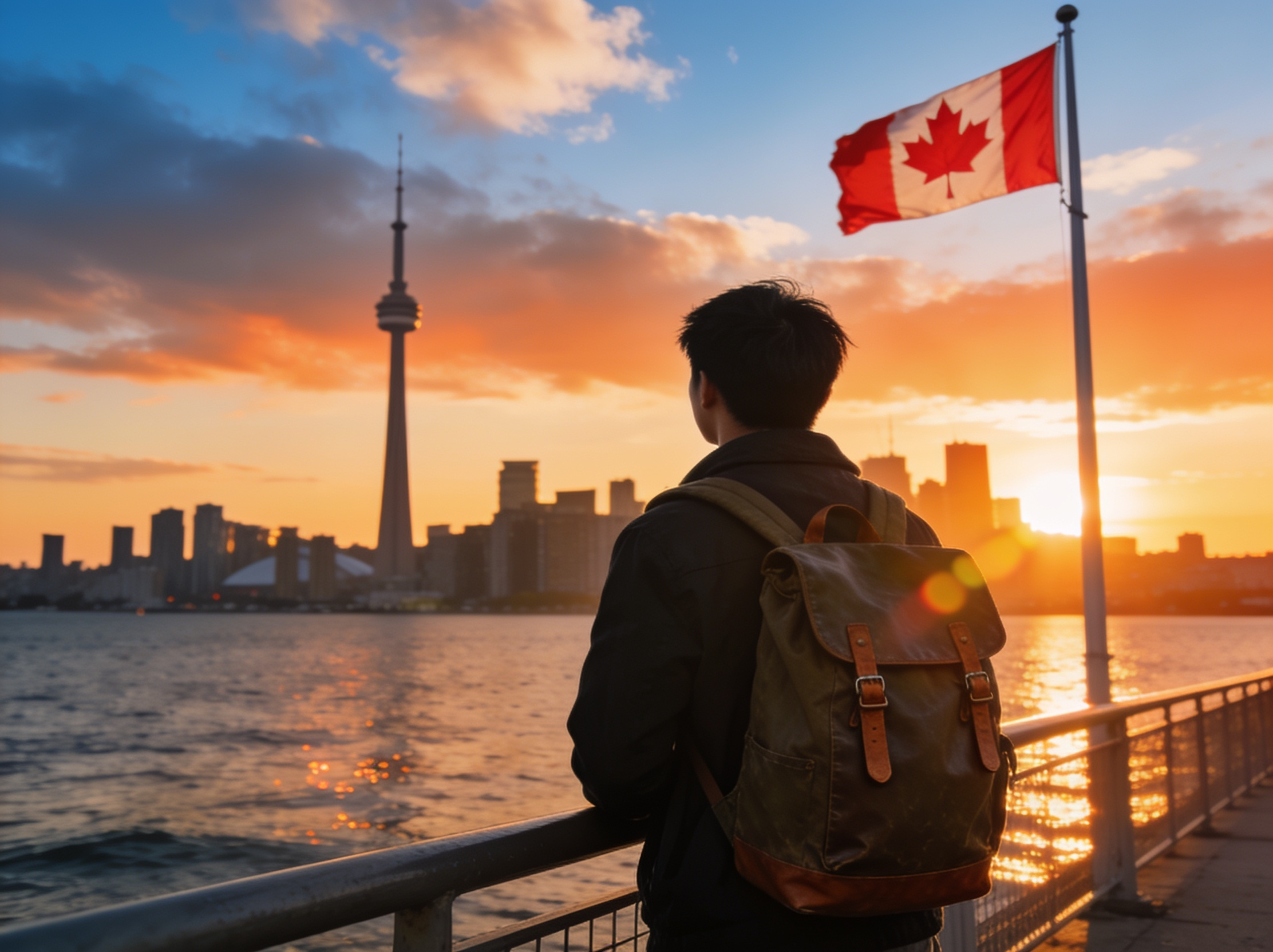 International student looking toward the Toronto skyline and Canadian flag at sunset