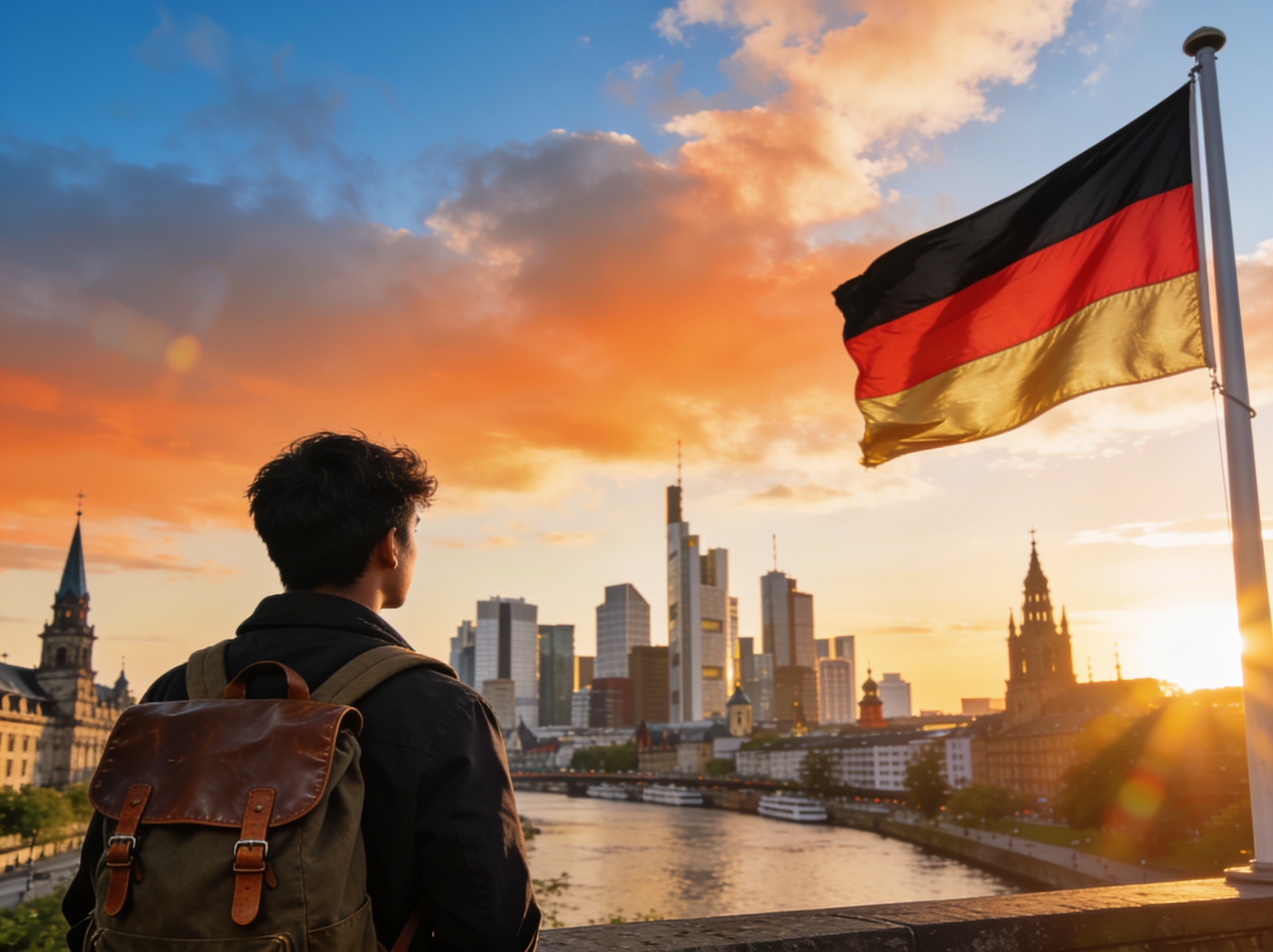 International student looking toward a German cityscape and flag at sunset