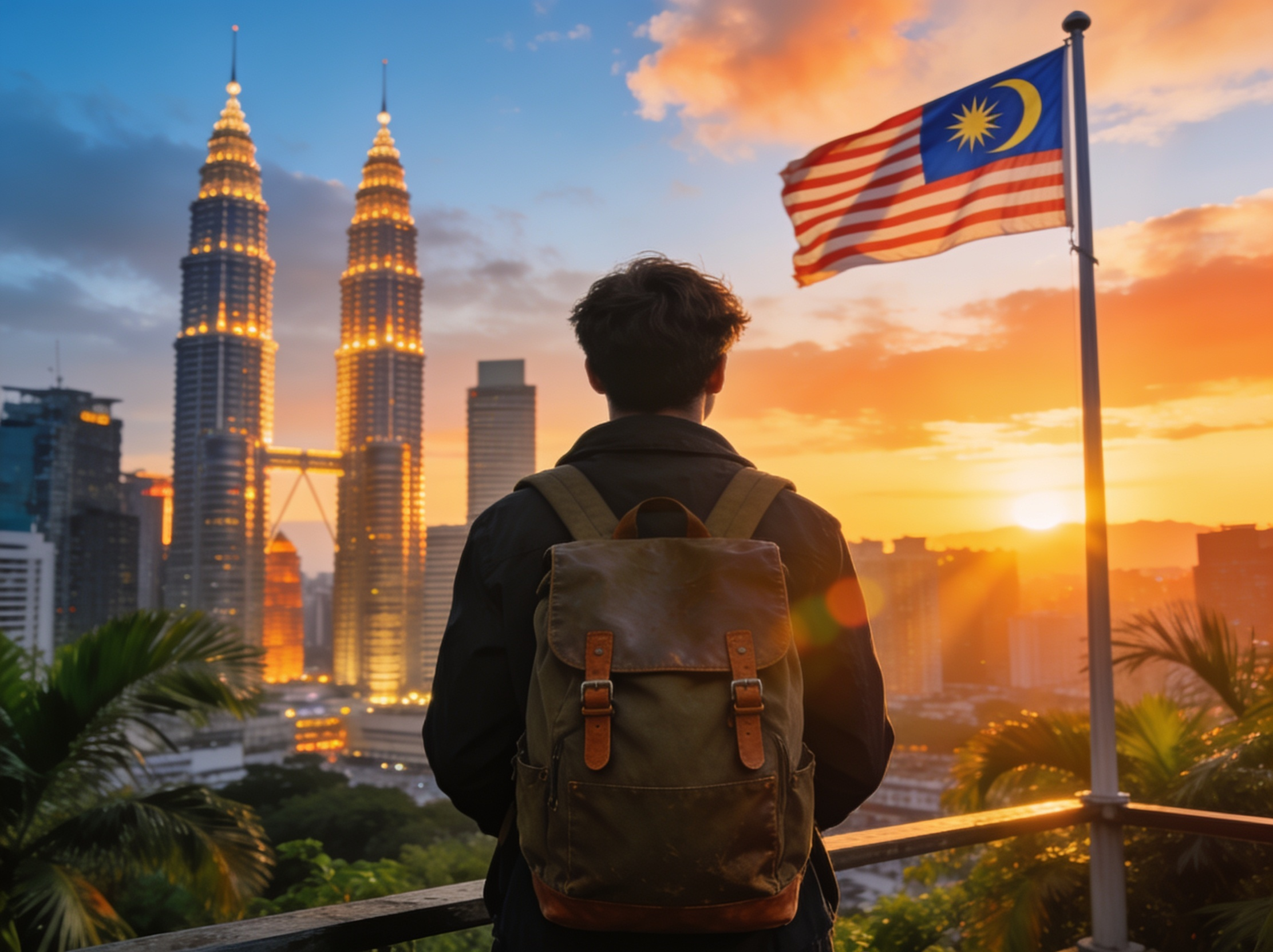 International student looking toward the Kuala Lumpur skyline and Petronas Towers at sunset