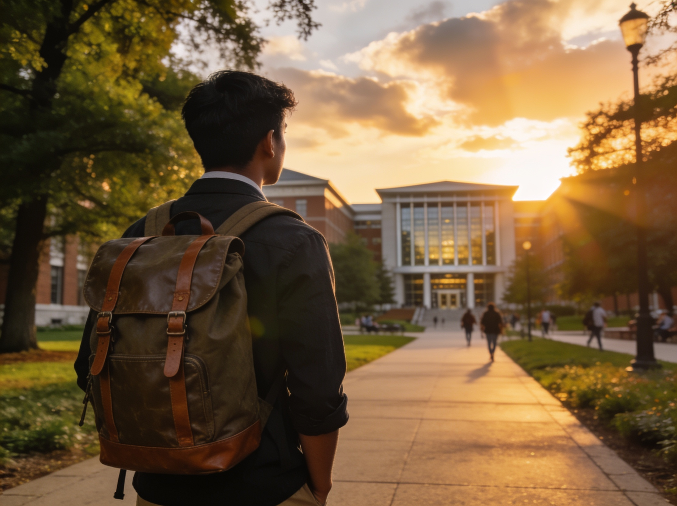 University student looking toward a campus at sunset, considering their academic pathway