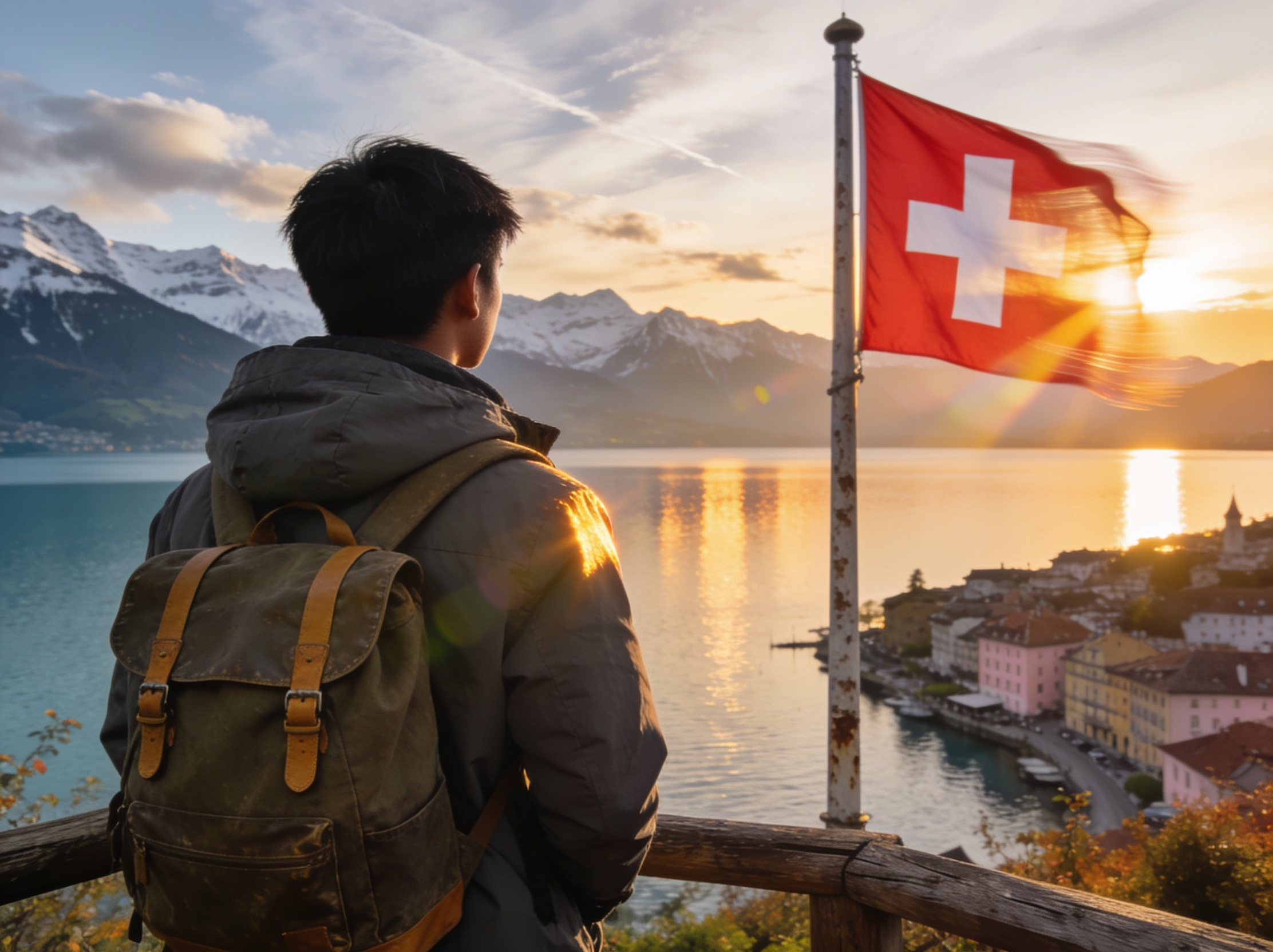 International student looking toward a Swiss alpine lake and flag at sunset
