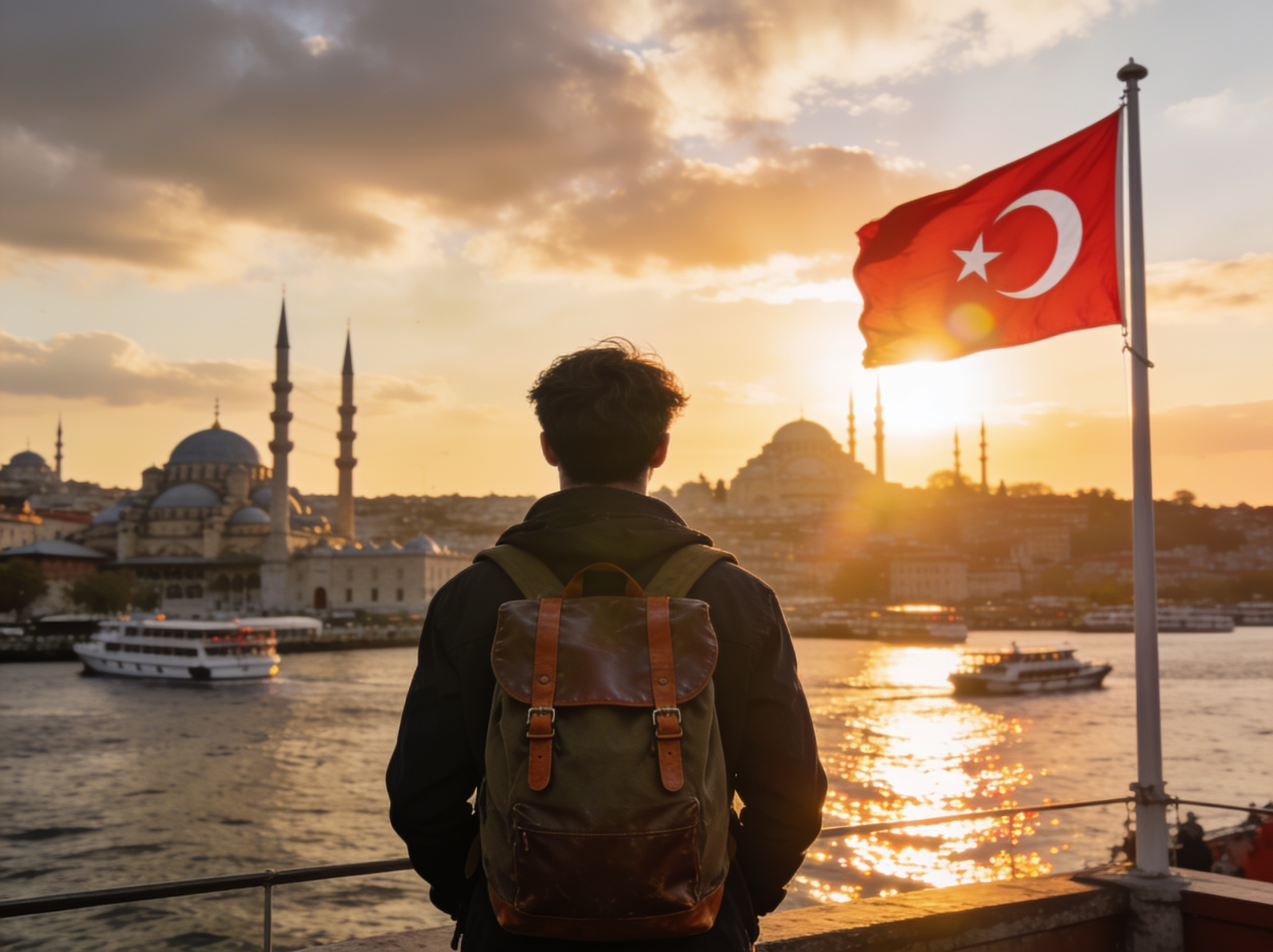International student looking toward the Istanbul skyline and Turkish flag at sunset